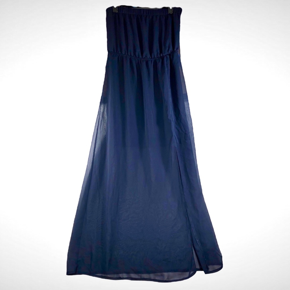 Forever 21 Womens Strapless Navy Chiffon Overlay Maxi Dress Sz L
